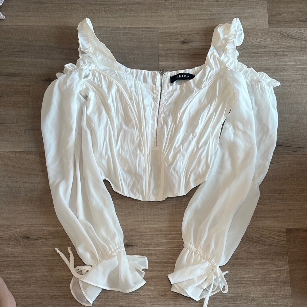 Akira White Ruffled Off-Shoulder Puff Sleeve Crop Top